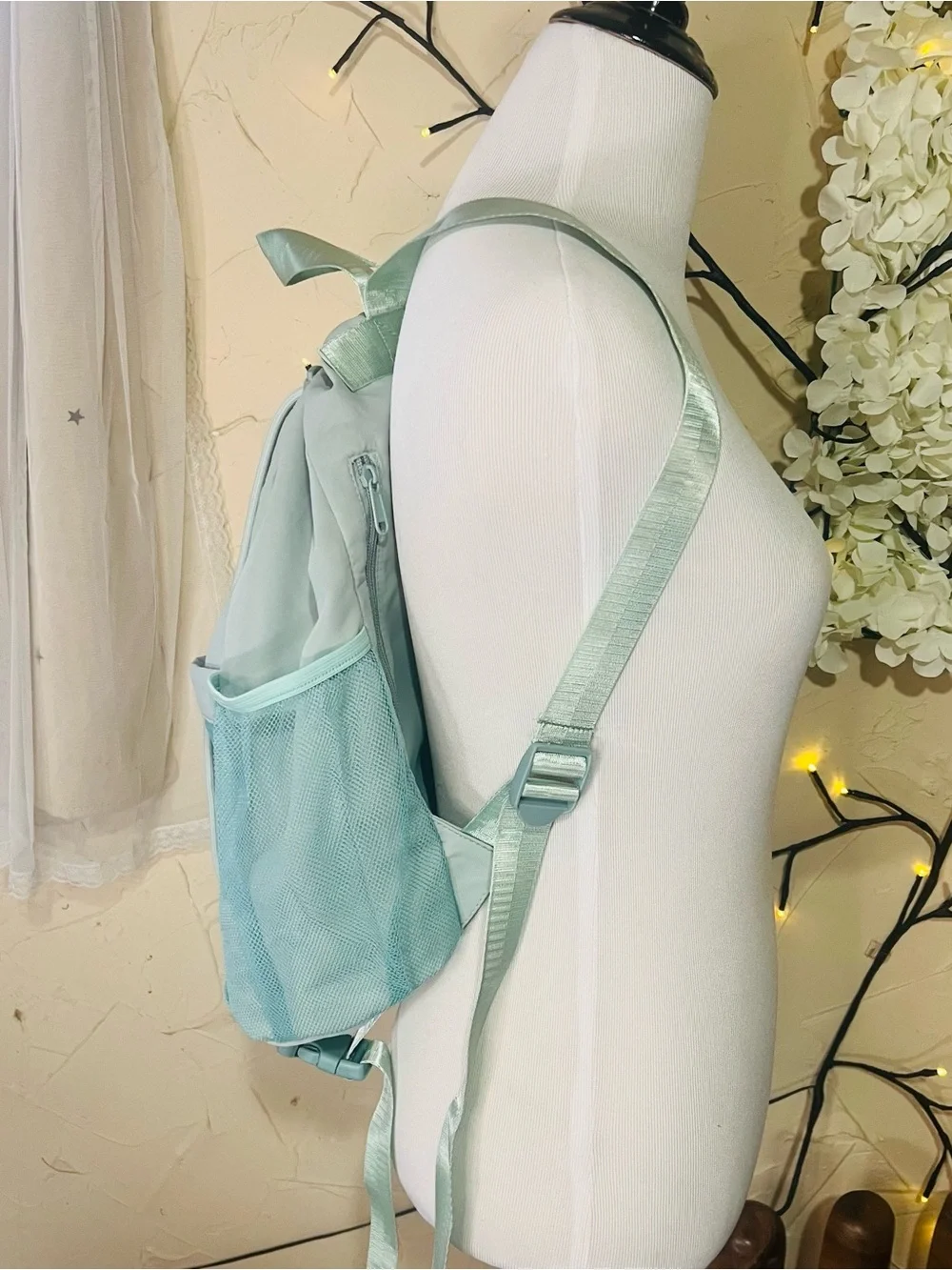 Light Mint Drawstring Backpack with Mesh Pockets